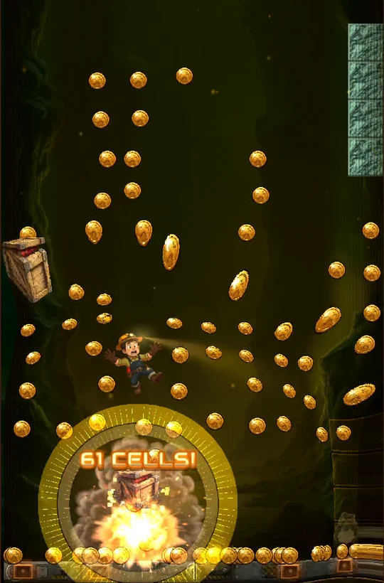 Boom in a rain of coins as a base blast reads 61 CELLS in the Sulfur Vents shaft.