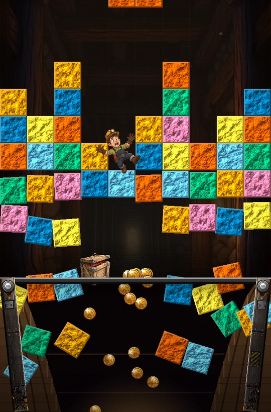 The blastdoor hangs open and Boom rides a cascade of ore and coins down through the hole, full game frame.