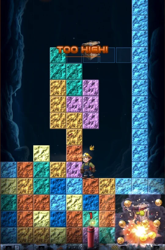 TOO HIGH! A piece falls onto the marked cells above Boom while a tower reaches for the ceiling beside him.