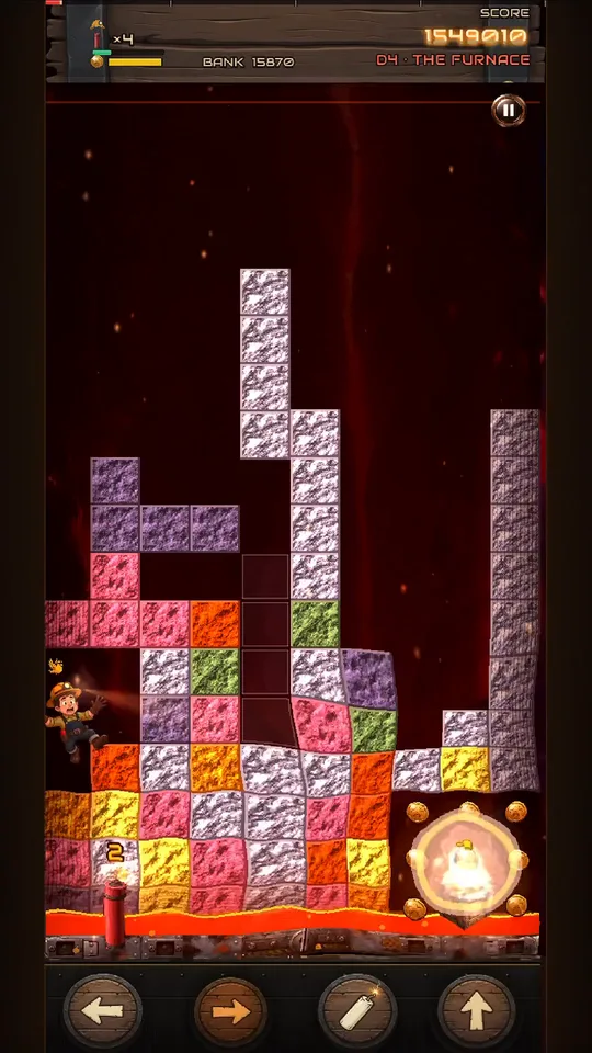 A lit stick burning at the base of a tall ore tower in the Furnace as Boom leaps clear.